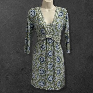 Boden Floral Jersey Dress Green Blue 3/4 Sleeve Knee Length Women’s 12R Empire